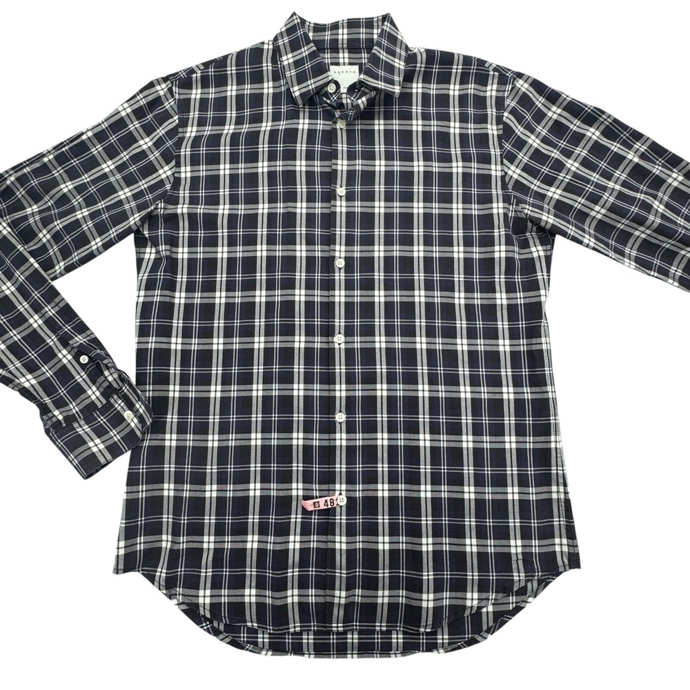 Sandro Shirt Mens Small Blue Plaid Classic Long Sleeve Collar Casual Button Down